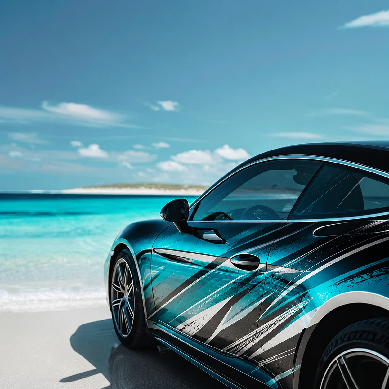 Sports car wrapped in teal Ocean specialty film on a beach