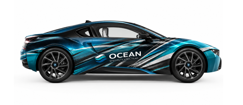 Sports car wrapped in Ocean ocean-blue film