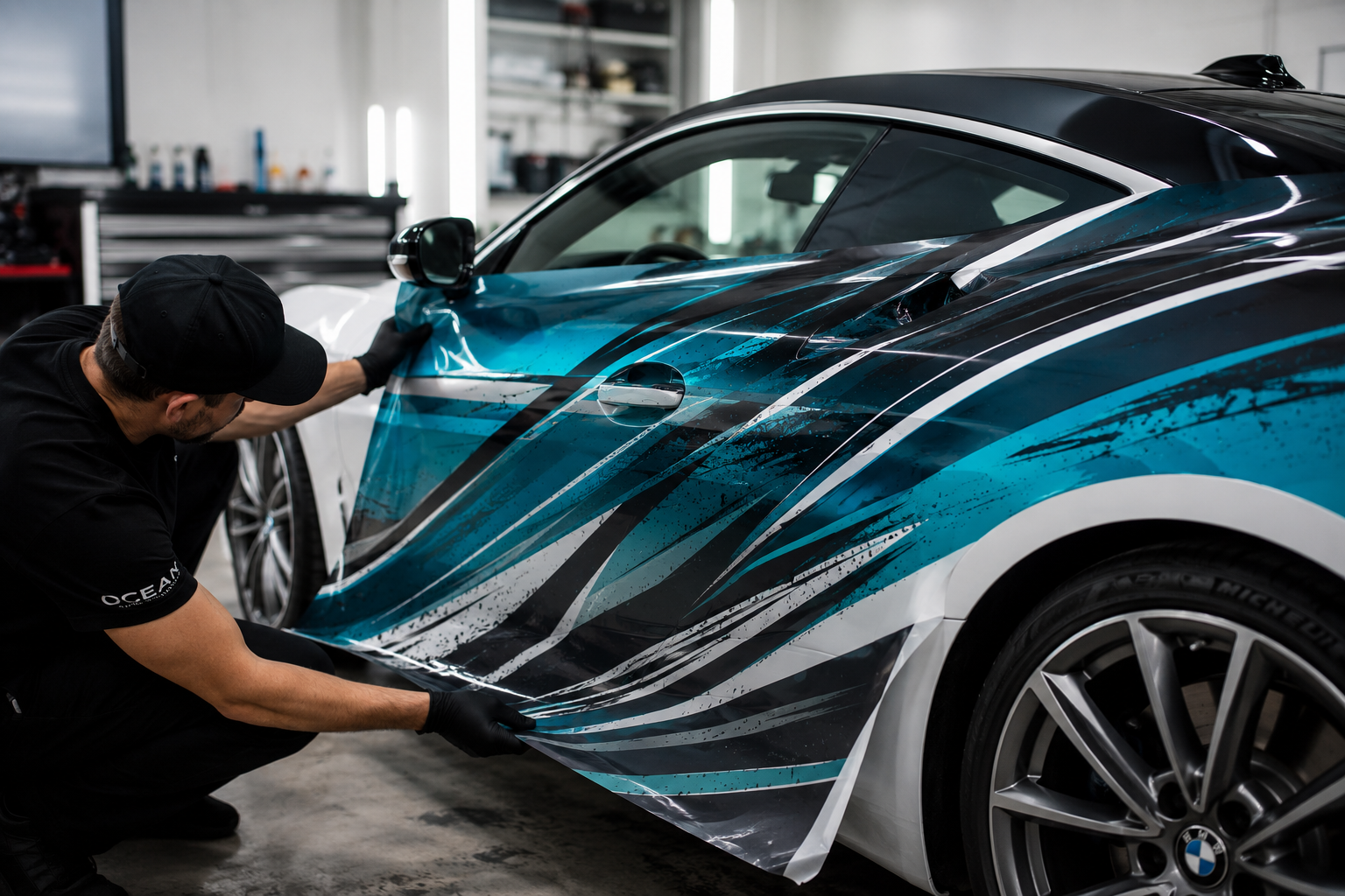 An Ocean installer applying specialty wrap film to a car door